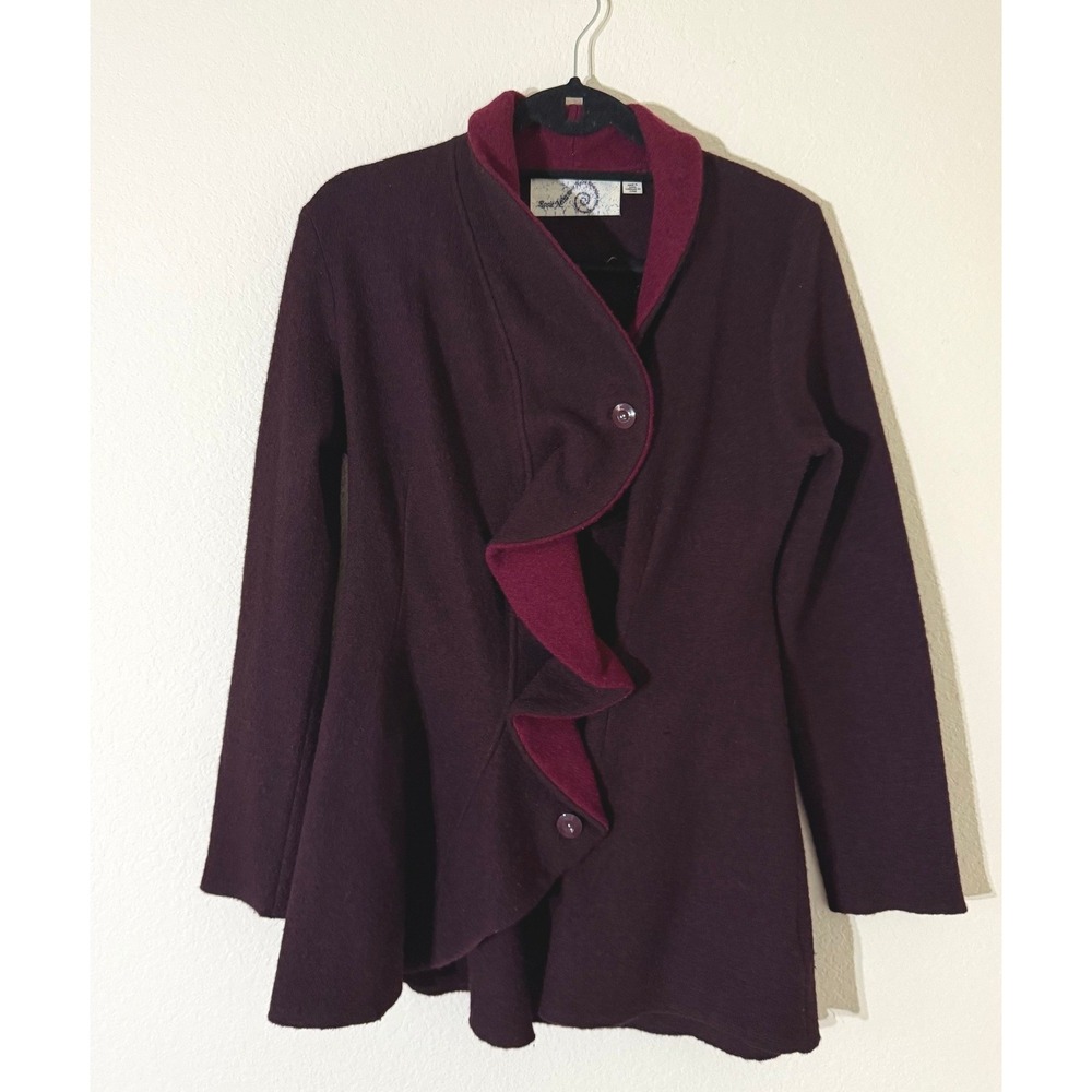 Anthropologie Rosie Neira Burgundy Ruffle Button Front Wool Blend Coat Small